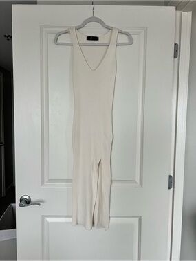 Rowie the Label Cream Ribbed V-Neck Sleeveless Midi Dress with Front Slit